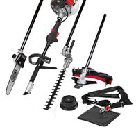 4in1 Multigartengerät MT33P von Scheppach mit verschiedenen Aufsätzen wie Motorsäge, Heckenschere, Grastrimmer und Erdbohrer. Das Gerät ist von vorne zu sehen.