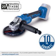 Der Akku-Winkelschleifer C-AG125-X von Scheppach bietet eine 10-jährige Garantie bei Online-Registrierung. Er ist Teil des 20V MAX-X-System und verfügt über eine Drehzahlregelung von 2500-10000 min.