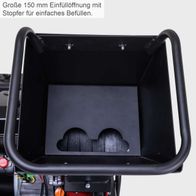 Der Benzin-Messerhäcksler PGS75 von Scheppach hat eine große 150 mm Einfüllöffnung mit Stopfer für einfaches Befüllen.