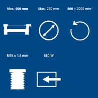Technische Daten für Drechselmaschine: Maximaler Durchmesser 600 mm, Drehzahl 800–3000 U/min, M18 x 1,5 mm Gewinde, 550 W Leistung