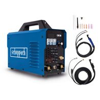 Das Schweißgerät WIG1000-Multi von Scheppach bietet Inverter WIG/MMA Technologie mit 160A Leistung, Pulsfunktion und 2- & 4-Takt Schweißen. Es ist mit verschiedenen Zubehörteilen wie Kabeln und Düsen ausgestattet.