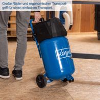 Der Scheppach Kompressor HC35V hat große Räder und einen ergonomischen Transportgriff für einfachen Transport.