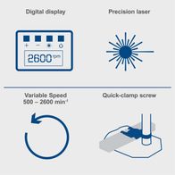 The Scheppach DP55 bench pillar drill features a digital display, a precision laser, a variable speed of 500 to 2600 min⁻¹, and a quick-clamp screw.