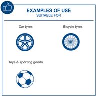 Examples of Scheppach tool applications: car and bicycle tyres, sports equipment illustrations