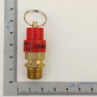 Sicherheitsventil 8 Bar / G 1/4 von Scheppach, Ansicht von vorne, mit Messskala im Hintergrund.