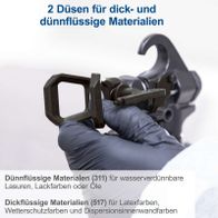 Düsen für dünnflüssige und dickflüssige Materialien für Scheppach-Sprühsysteme, inklusive Filter für Lasuren, Lacke und Öle sowie Latexfarben und Wetterschutzfarben