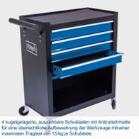 Werkzeugaufbewahrungstrolley mit vier ausziehbaren Schubladen, antirutschmattenbesetzt, maximal 15 kg Traglast pro Schublade