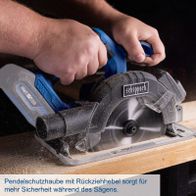 Scheppach Akku-Handkreissäge mit Pendelschutzhaube und Rückziehebel für bessere Sicherheit beim Sägen