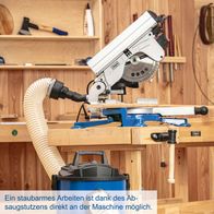 Die Tisch-Kappsäge HM100T von Scheppach ermöglicht staubarmes Arbeiten dank integriertem Absaugstutzen direkt an der Maschine.
