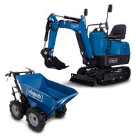 Mini-Excavator EXC815 with 8.5 HP, 2330 mm digging width and 690 mm track width. Includes DP3000 dumper for 300 kg load capacity and 5.6 HP.