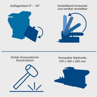 Der Band- und Tellerschleifer BTS800 von Scheppach bietet einen verstellbaren Auflagentisch von 0° bis 45°, ein horizontal und vertikal verstellbares Schleifband, eine solide Gussmaterial-Konstruktion und kompakte Stellmaße von 470 x 365 x 295 mm.