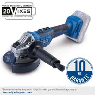 Der Akku-Winkelschleifer BC-AG125-X von Scheppach ist Teil der 20VIXES Batterieplattform. Er bietet eine 10-jährige Garantie bei Online-Registrierung. Die Garantie kann unter warranty.scheppach.com aktiviert werden.