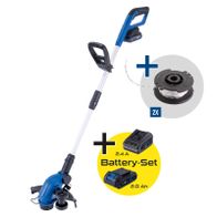 Akku-Rasentrimmer mit zwei Schnurspulen und Akku-Batterie-Set (2,0 Ah und 2,4 Ah) für Scheppach C-LT300-X