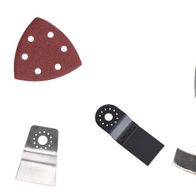 Scheppach 20V Akku-Winkelschleifer mit verschiedenen Schleifaufsätzen. Gezeigt werden ein Dreiecksschleifblatt, ein Schleifteller und ein Trennblatt.