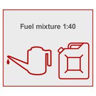 The brush cutter uses a fuel mixture of 1:40. This means that 1 part oil is mixed with 40 parts petrol.