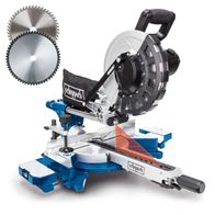 Kappzugsäge HM254 von Scheppach, inkl. Sägeblatt, 2000W, 340mm Schnittbreite, 90mm Schnitthöhe. Gezeigt von der Seite.