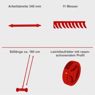 Der Handvertikutierer SCM340 von Scheppach hat eine Arbeitsbreite von 340 mm und 11 Messer. Die Stiellänge beträgt ca. 180 cm. Er verfügt über Leichtlaufräder mit rasenschonendem Profil.