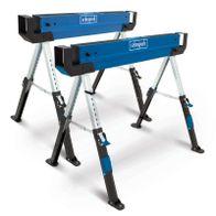 Saw Horse Trestle Set MWB600 by Scheppach with 61.8-82 cm height and 2x589 kg load capacity. Sturdy construction with adjustable legs and robust handles.
