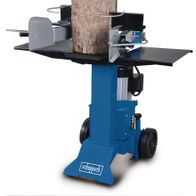 Scheppach Holzspalter HL730 im Einsatz mit Baumstamm. Der Holzspalter steht auf einer stabilen Basis mit Rädern. Die Spalthub ist sichtbar und ein Holzblock wird gespalten.