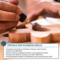 Flexibler Wellenantrieb für präzises Bohren, Schleifen, Polieren und Trennen direkt an der Maschine – ideal für schwer zugängliche Stellen und ergonomischen Griff.