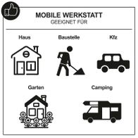 Mobile Werkstatt für Haus, Baustelle, Auto, Garten und Camping mit praktischen Symbolen zur Orientierung