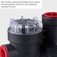 Der Vorfilter verhindert Schäden durch grobe Schmutzpartikel, die sich in der Zuleitung befinden können. Er ist Teil des Hauswasserautomaten mit Display GP1100JET LCD Scheppach.