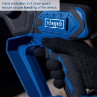 The cordless pruning saw C-PS100-X by Scheppach features hand protection and a chain guard for safe operation. The ergonomic handles provide comfortable grip.