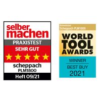 Werbebilder für Scheppach-Dickenhobelmaschine PLM1800 mit Auszeichnungen: 'Praxistest sehr gut' und 'Beste Kaufempfehlung 2021'