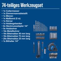 74-stückiges Werkzeugset mit Messern, Bohrer, Schraubenzieher und Werkzeugzubehör für Holz- und Metallarbeiten