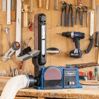 Scheppach belt and disc sander with integrated dust extraction hose and speed control