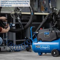 Der Scheppach Kompressor GK240ofx ist dank seiner kompakten Bauform auch für kleinere Räume ideal geeignet. Er hat einen 24-Liter-Tank und eine Leistung von 1,5 PS.