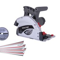 Tauchsäge PX-TS-55 Practixx von Scheppach mit Sägeblatt und Schienen. Die Tauchsäge ist von der Seite zu sehen.