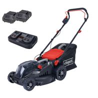 Akku-Rasenmäher BMP380-ProS von Scheppach mit Ladegerät und Akkus. Der Rasenmäher ist von vorne gezeigt.