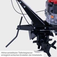 Höhenverstellbarer Tiefenbegrenzer ermöglicht einfaches Einstellen der Arbeitstiefe. Die Benzin-Motorhacke MTP370 von Scheppach verfügt über einen höhenverstellbaren Tiefenbegrenzer, der eine präzise Einstellung der Arbeitstiefe ermöglicht.