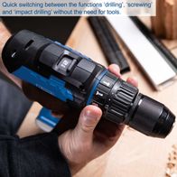 The cordless impact drill C-CD45-X by Scheppach allows quick switching between drilling, screwing, and impact drilling functions without tools. It features a torque of 45 Nm and 19+1 torque settings.