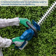 Die Akku-Heckenschere C-HT570-X von Scheppach verfügt über einen 2-Hand-Sicherheitsschalter mit Schnellstopp für maximale Sicherheit bei der Bedienung.