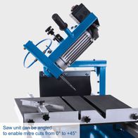 Adjustable cutting unit for mitre cuts ranging from 0° to +45° on stone and tile cutter