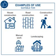 Scheppach tool usage examples: compacting ground, road construction, site work, manual labor, and landscaping.
