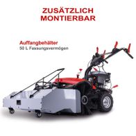 Kehrmaschine SC2200PE von Scheppach mit zusätzlichem Montierbar und Auffangbehälter mit 50 L Fassungsvermögen.