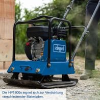 Die HP1800s eignet sich zur Verdichtung verschiedener Materialien. Sie verfügt über ein Fahrwerk und eine Gummimatte für optimale Arbeitsbedingungen.
