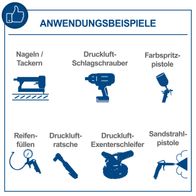 Beispiele für Anwendungen von Werkzeugen: Nageln/Tackern, Druckluftschrauber, Farbspritzpistole, Reifen füllen, Drucklufträtsche, Druckluft-Exenterschleifer, Sandstrahlpistole