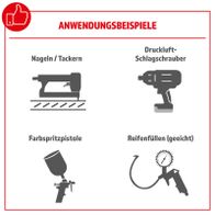 Das Bild zeigt Anwendungsbeispiele für Scheppach-Werkzeuge: Nageln/Tackern, Druckluft-Schlagschrauber, Farbspritzpistole und Reifenfüllen (geeicht).
