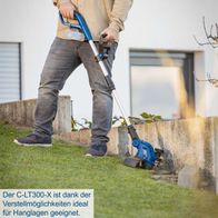 Der Akku-Rasentrimmer C-LT300-X von Scheppach bietet Höhenverstellung für optimales Arbeiten an Hängen. Schnittbreite 300mm, Fadenlänge 3m, Höhenverstellung 270mm.