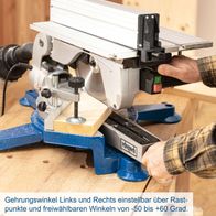 Die Tisch-Kappsäge HM100T von Scheppach ermöglicht die Einstellung des Gehrungswinkels von -50 bis +60 Grad über Rastpunkte und frei wählbare Winkel.