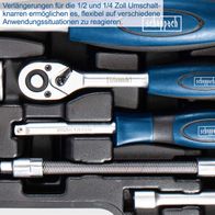 Verlängerungen für 1/2 und 1/4 Zoll Umschaltknarren ermöglichen flexible Reaktion auf verschiedene Anwendungssituationen.