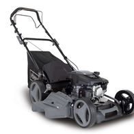 Benzin-Rasenmäher MS-173-51B Scheppach Black, seitliche Ansicht, mit schwarzem Sammelbehälter und grauen Rädern.