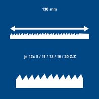 Universal-Dekupiersägeblatt mit 130 mm Breite, verschiedene Zahnstärken (8, 11, 13, 16, 20 Zähne)
