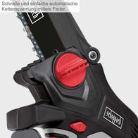 Der Akku-Gehölzschneider CBS260-20Li von Scheppach bietet schnelle und einfache automatische Kettenspannung mittels Feder.