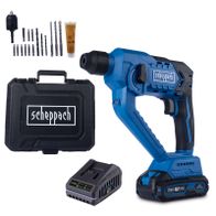 Akku-Bohrhammer C-RHD130-X von Scheppach. Enthält: Bohrhammer, Akku, Ladegerät, Zubehör. 20V Li-Ion Akku mit 2.0 Ah Kapazität. Inklusive 10 Bohrern und 1 Tube Schmierfett.