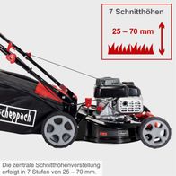 Der Rasenmäher MP135-42 von Scheppach bietet eine zentrale Schnitthöhenverstellung in 7 Stufen von 25 bis 70 mm.